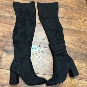 A new day black thigh high black heeled boots Sz 8 NWT